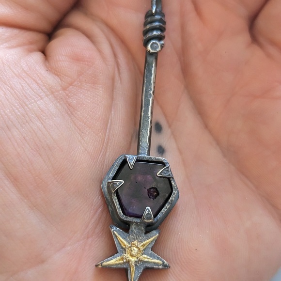 Sterling Silver and 18k Star and Amethyst Wand Pendant